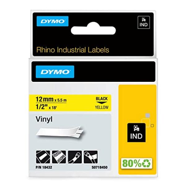 Rhino IND ORIGINAL Schriftband Vinyl 12mm x 5,5m, schwarz auf gelb (permanent klebend, ) 18432 (0071701184320)