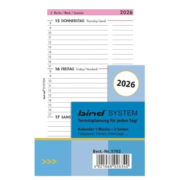 Ersatzkalendarium Wochenplan A7, 1 Woche 2 Seite BIND 570226 (4021068026340)