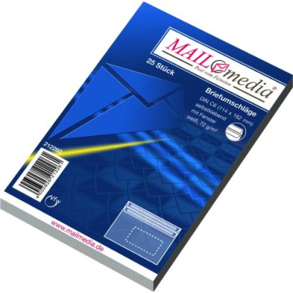 Briefumschlag mit Fenster C6, 75g m² selbstklebend 25 Stück weiß MAILMEDIA 30002359 (4003928212261)