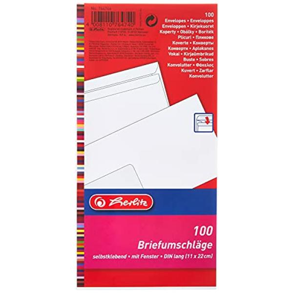 Herlitz Briefumschlag DL selbstklebend m.Fenster 100er Pack 764746 (4008110764740)