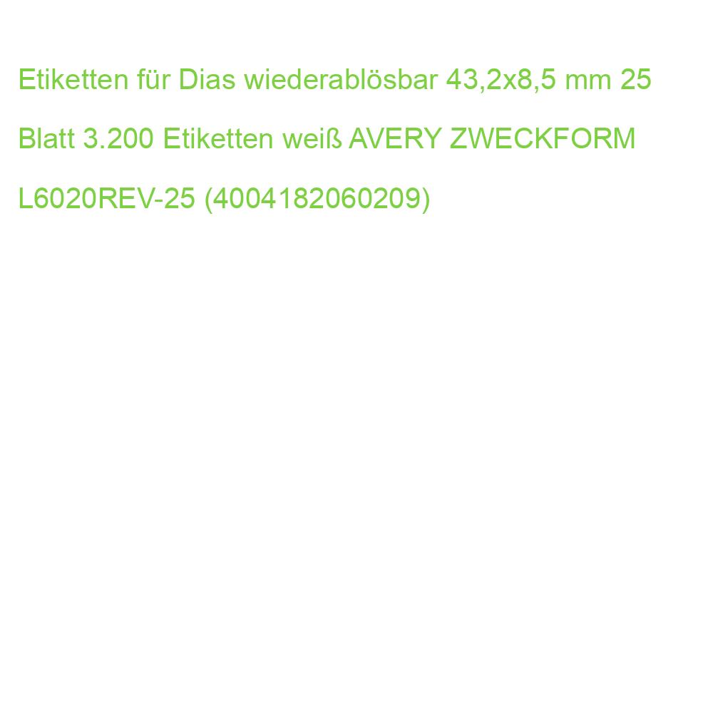 Etiketten für Dias wiederablösbar 43,2x8,5 mm 25 Blatt 3.200 Etiketten weiß AVERY ZWECKFORM L6020REV-25 (4004182060209)