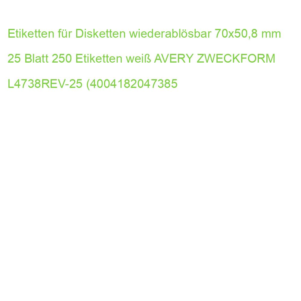 Etiketten für Disketten wiederablösbar 70x50,8 mm 25 Blatt 250 Etiketten weiß AVERY ZWECKFORM L4738REV-25 (4004182047385