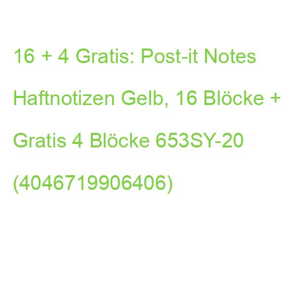 16 + 4 Gratis: Post-it Notes Haftnotizen Gelb, 16 Blöcke + Gratis 4 Blöcke 653SY-20 (4046719906406)