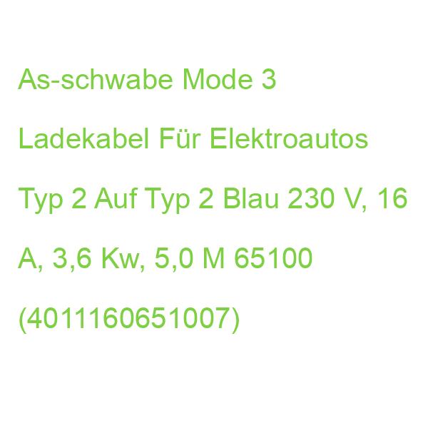 As-schwabe Mode 3 Ladekabel Für Elektroautos Typ 2 Auf Typ 2 Blau 230 V, 16 A, 3,6 Kw, 5,0 M 65100 (4011160651007)