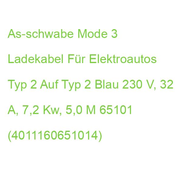 As-schwabe Mode 3 Ladekabel Für Elektroautos Typ 2 Auf Typ 2 Blau 230 V, 32 A, 7,2 Kw, 5,0 M 65101 (4011160651014)