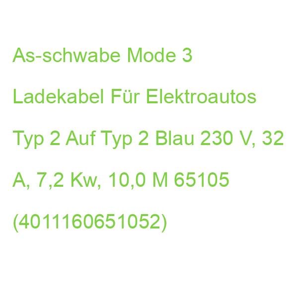 As-schwabe Mode 3 Ladekabel Für Elektroautos Typ 2 Auf Typ 2 Blau 230 V, 32 A, 7,2 Kw, 10,0 M 65105 (4011160651052)