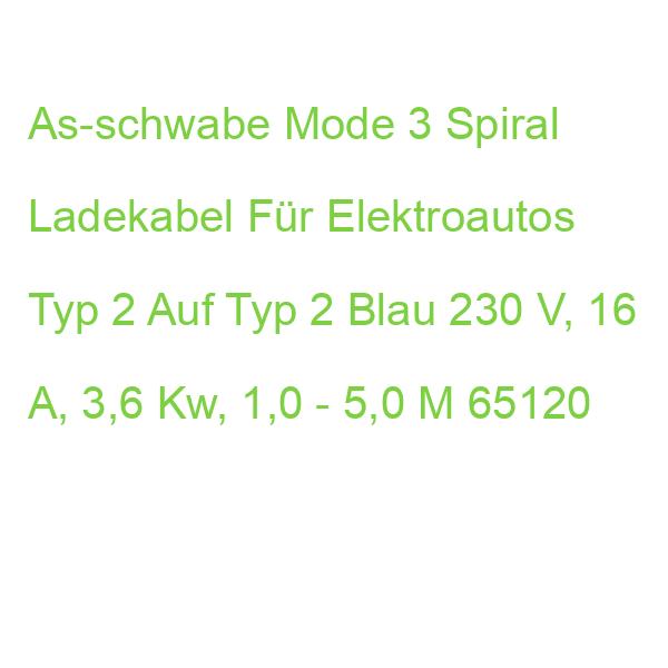 As-schwabe Mode 3 Spiral Ladekabel Für Elektroautos Typ 2 Auf Typ 2 Blau 230 V, 16 A, 3,6 Kw, 1,0 - 5,0 M 65120