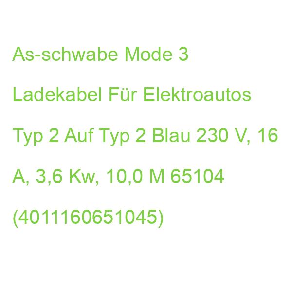 As-schwabe Mode 3 Ladekabel Für Elektroautos Typ 2 Auf Typ 2 Blau 230 V, 16 A, 3,6 Kw, 10,0 M 65104 (4011160651045)