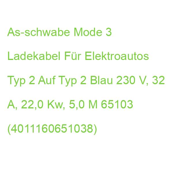 As-schwabe Mode 3 Ladekabel Für Elektroautos Typ 2 Auf Typ 2 Blau 230 V, 32 A, 22,0 Kw, 5,0 M 65103 (4011160651038)