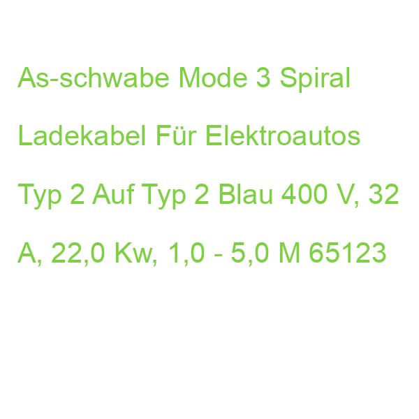 As-schwabe Mode 3 Spiral Ladekabel Für Elektroautos Typ 2 Auf Typ 2 Blau 400 V, 32 A, 22,0 Kw, 1,0 - 5,0 M 65123
