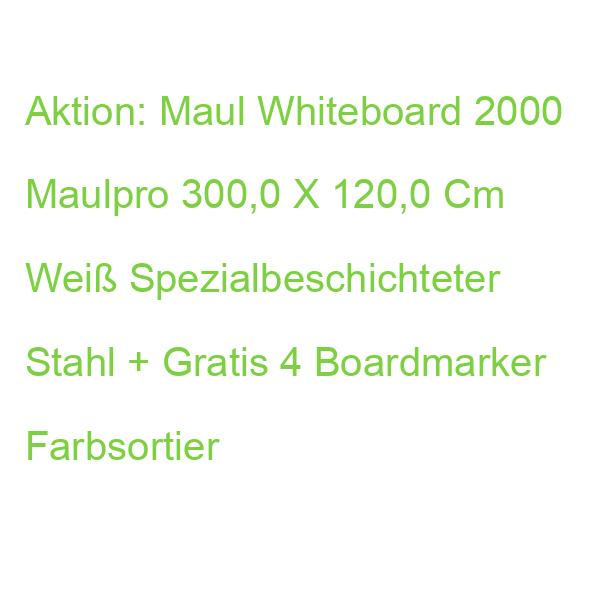 Aktion: Maul Whiteboard 2000 Maulpro 300,0 X 120,0 Cm Weiß Spezialbeschichteter Stahl + Gratis 4 Boardmarker Farbsortier