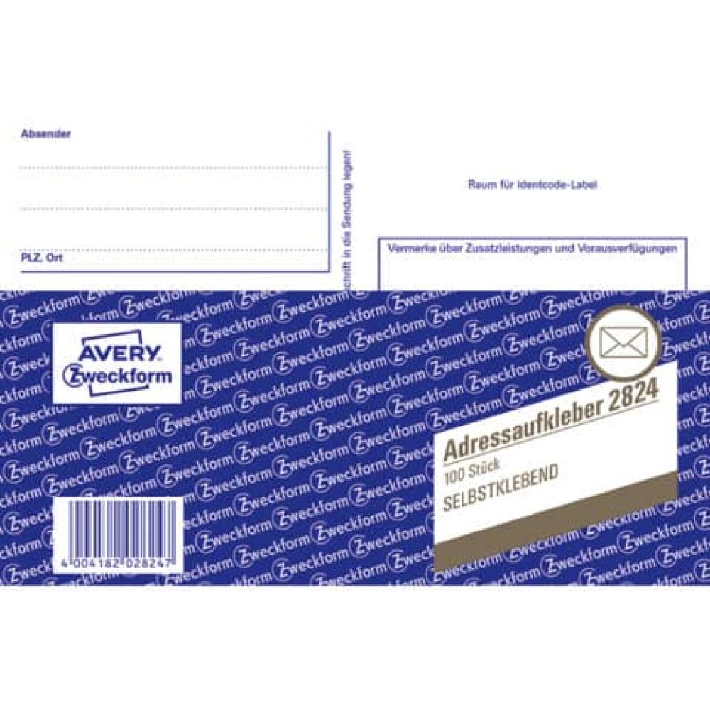 Adressaufkleber Paketaufkleber DIN A6, selbstklebend 100 Blatt weiß AVERY ZWECKFORM 2824 (4004182028247)