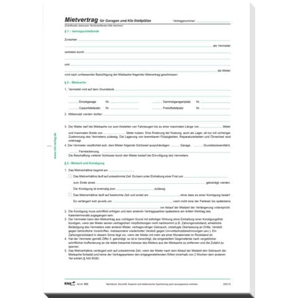 Mietvertrag für Garagen 4 Seiten gefalzt auf DIN A4, 10 Stück RNK 553/10 (4002871055314)