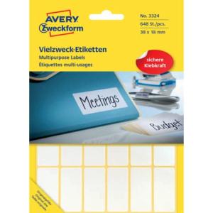 Universal-Etiketten 38x18 mm weiß 648 Etiketten 27 Blatt permanent AVERY ZWECKFORM 3324 (4004182033241)