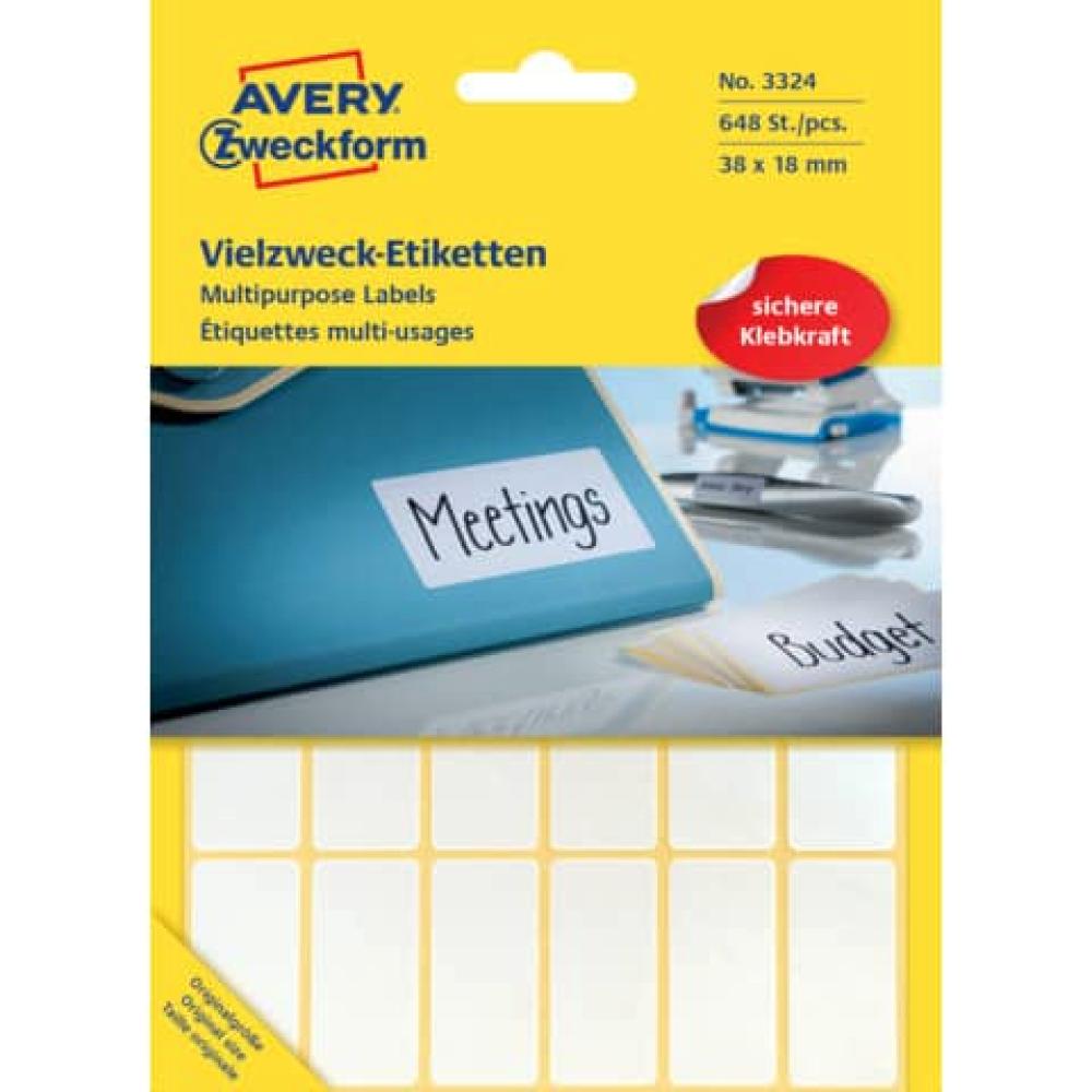 Universal-Etiketten 38x18 mm weiß 648 Etiketten 27 Blatt permanent AVERY ZWECKFORM 3324 (4004182033241)