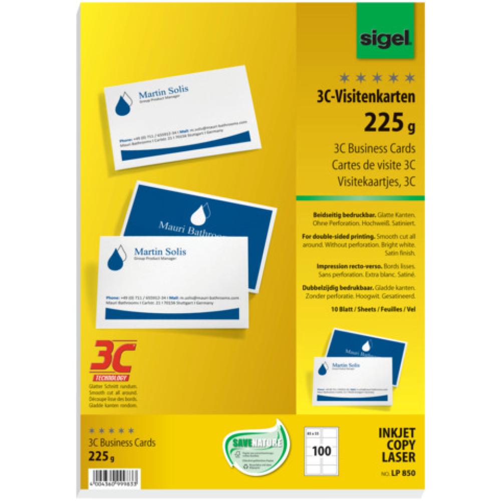 100 Sigel Visitenkarten Lp850 Satiniert Weiß 225 G/qm (4004360999833)