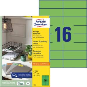 Etiketten 105x37 mm grün 1.600 Etiketten 100 Blatt permanent AVERY ZWECKFORM 3454 (4004182034545)