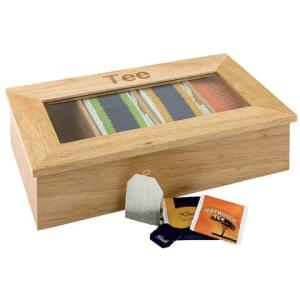 TEEBOX mit 4 Fächern Aufschrift Tee aus hellem Holz mit Sichtfenster APS 11575 (4004133115750)