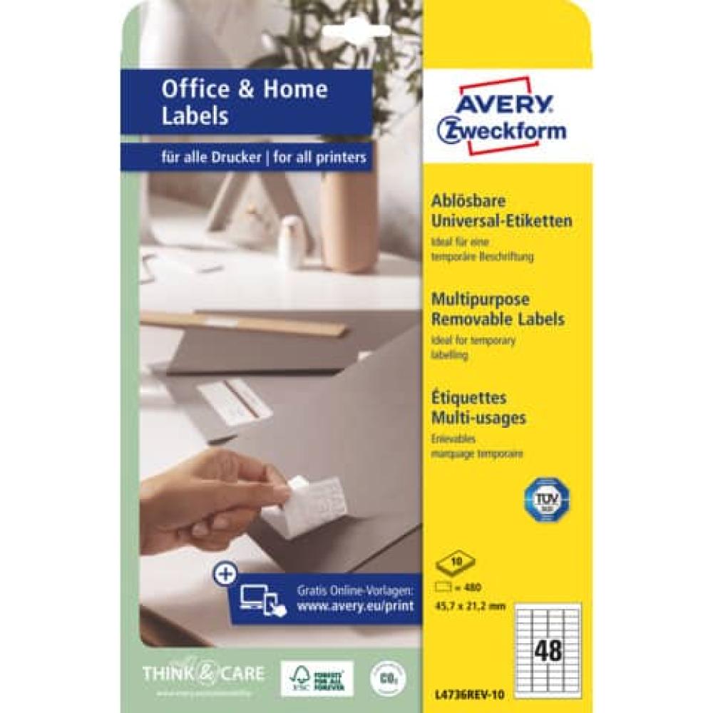 Universal-Etiketten 45,7x21,2 mm weiß 480 Etiketten wiederablösbar AVERY ZWECKFORM L4736REV-10 (4004182433157)