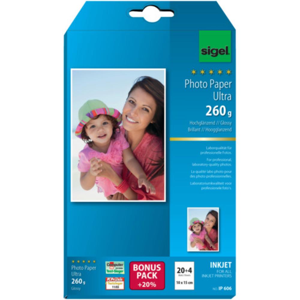 Inkjet Fotopapier Ultra 10x15 cm hochglänzend 260 g qm 24 Blatt SIGEL IP606 (4004360997440)