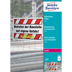 Wetterfeste Folie A4, spezialbeschichtet Stärke 0,13 mm 100 Blatt AVERY ZWECKFORM 3487 (4004182034873)