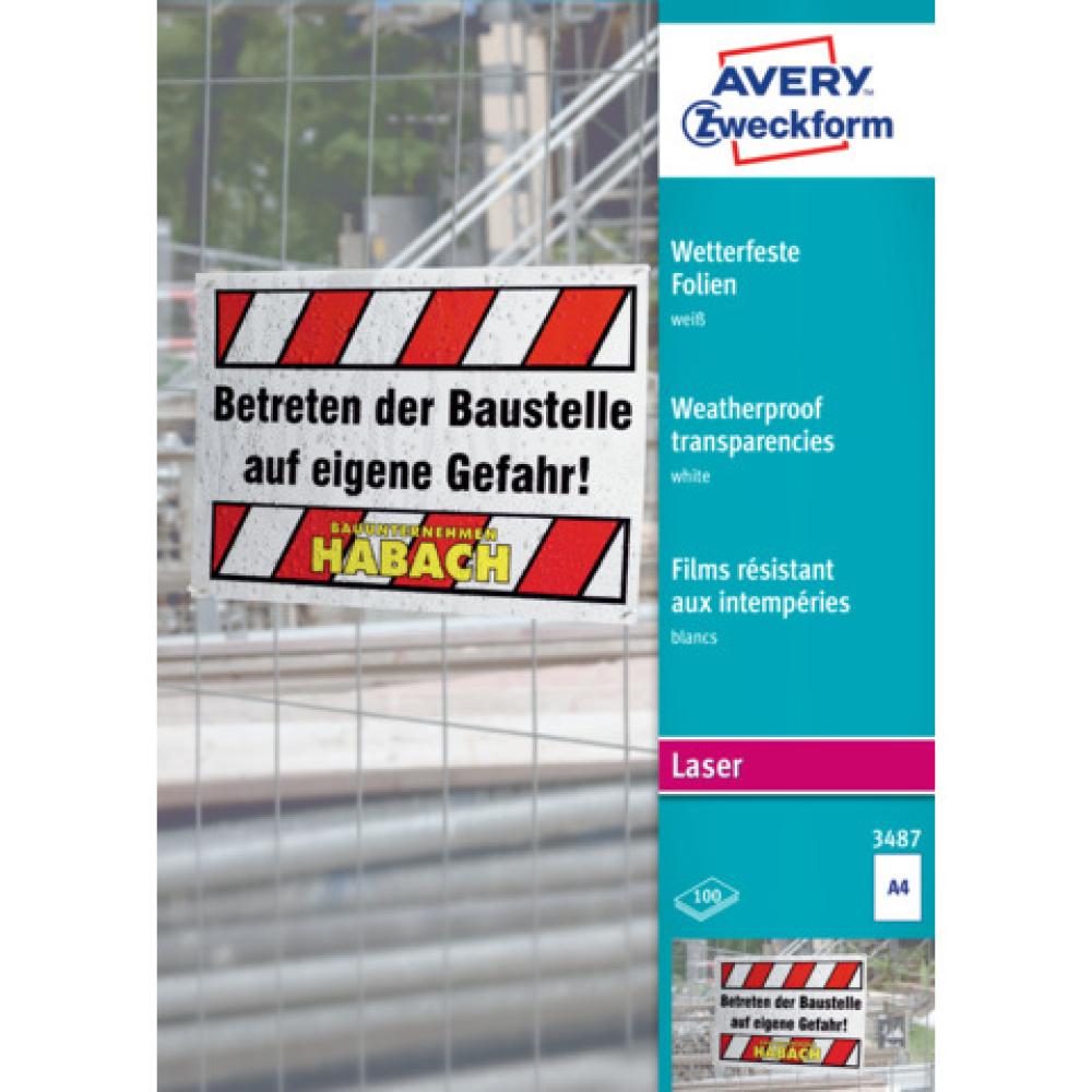Wetterfeste Folie A4, spezialbeschichtet Stärke 0,13 mm 100 Blatt AVERY ZWECKFORM 3487 (4004182034873)