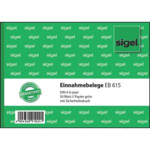 Einnahmebelege A6 quer Papier grün mit Sicherheitsdruck 50 Blatt SIGEL EB615 (4004360910241)
