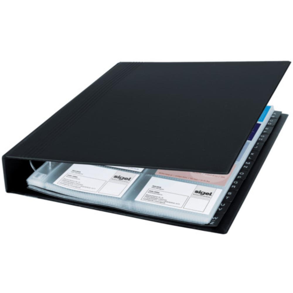 Visitenkarten-Ringbuch zweireihig A4, schwarz matt mit 20 Sichthüllen Register A-Z 4-Ring-Mechanik SIGEL VZ301 (40043609