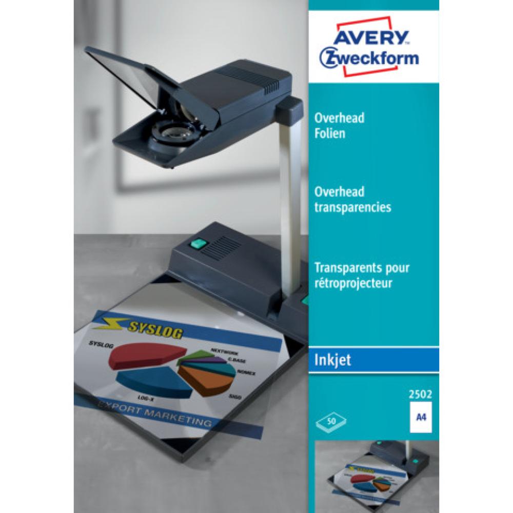 Overhead-Folien DIN A4, spezialbeschichtet stapelverarbeitbar Stärke: 0,11 mm 50 Blatt AVERY ZWECKFORM 2502 (40041820250