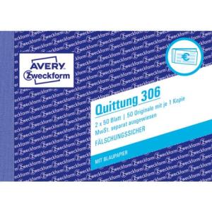 306 Quittung MwSt. separat ausgewiesen A6 quer MP BL fälschungssicher 2x 50 Blatt weiß AVERY ZWECKFORM (4004182003060)