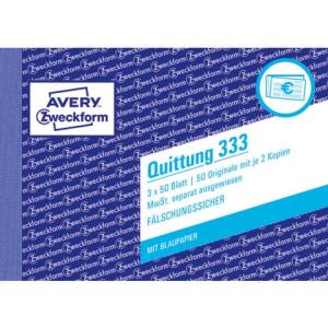 333 Quittung MwSt. separat ausgewiesen A6 quer MP BL fälschungssicher 3x50 Blatt weiß AVERY ZWECKFORM (4004182003336)