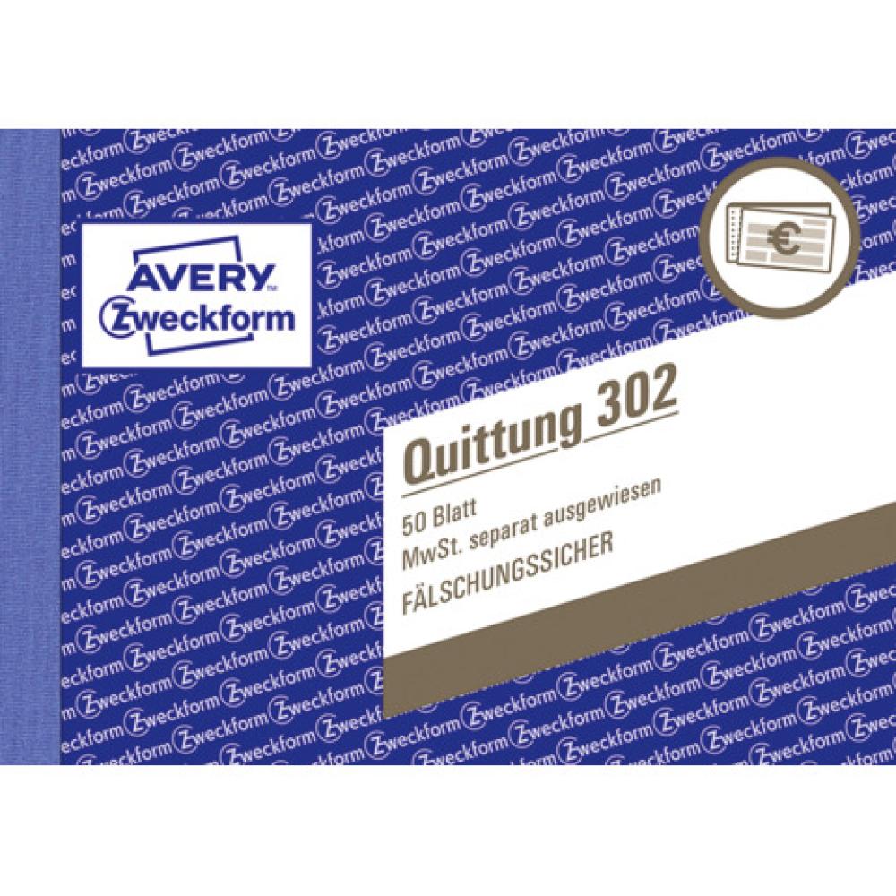 302 Quittung MwSt. separat ausgewiesen A6 quer MP fälschungssicher 50 Blatt weiß AVERY ZWECKFORM (4004182003022)