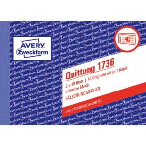 Quittung inkl. MwSt. A6 quer MP SD fälschungssicher 2x40 Blatt weiß gelb AVERY ZWECKFORM 1736 (4004182017364)