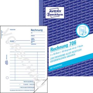 706 Rechnung DIN A6, vorgelocht 2x50 Blatt weiß AVERY ZWECKFORM (4004182007068)