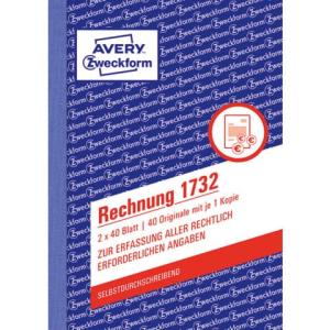 Rechnung DIN A6, selbstdurchschreibend 2x40 Blatt weiß gelb AVERY ZWECKFORM 1732 (4004182017326)