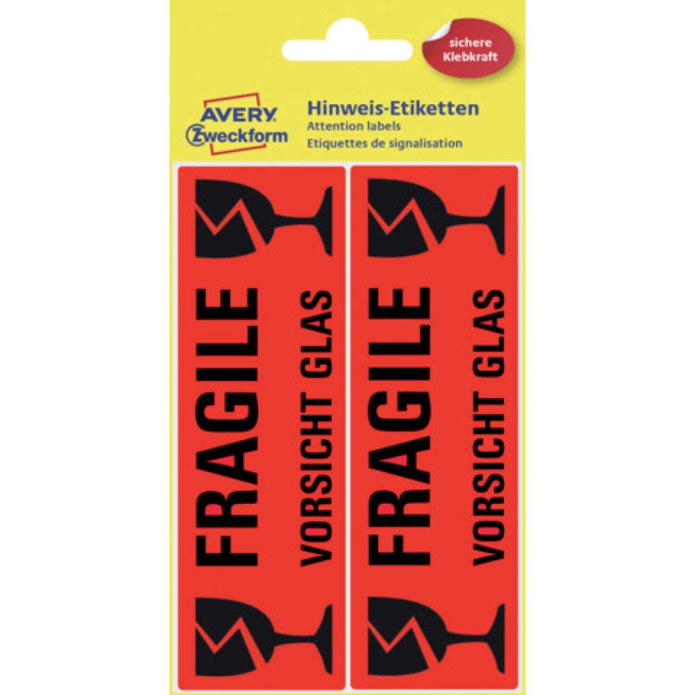 10 Avery Zweckform Warnetiketten 3050 Rot »fragile Vorsicht Glas« 119,0 X 38,0 Mm (4004182030509)