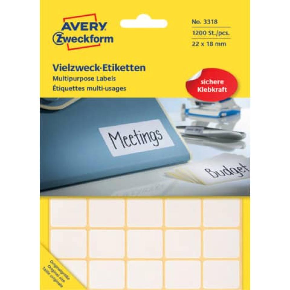 Universal-Etiketten 22x18 mm weiß 1.200 Etiketten 30 Blatt permanent AVERY ZWECKFORM 3318 (4004182033180)