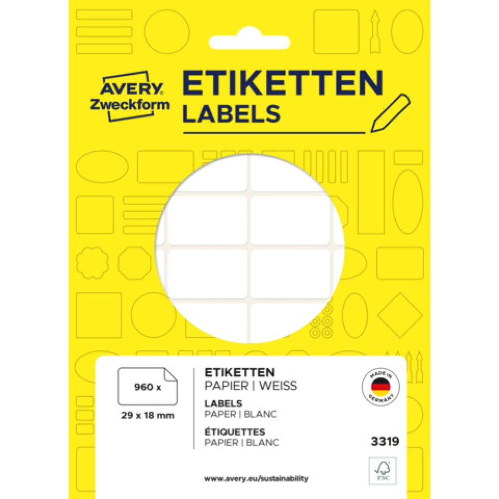 Universal-Etiketten 29x18 mm weiß 960 Etiketten 30 Blatt permanent AVERY ZWECKFORM 3319 (4004182033197)