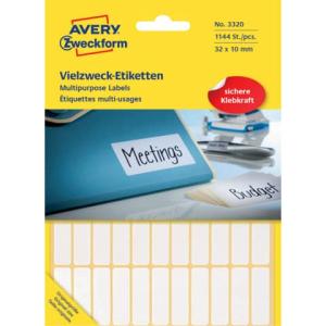 Universal-Etiketten 32x10 mm weiß 1.144 Etiketten 26 Blatt permanent AVERY ZWECKFORM 3320 (4004182033203)
