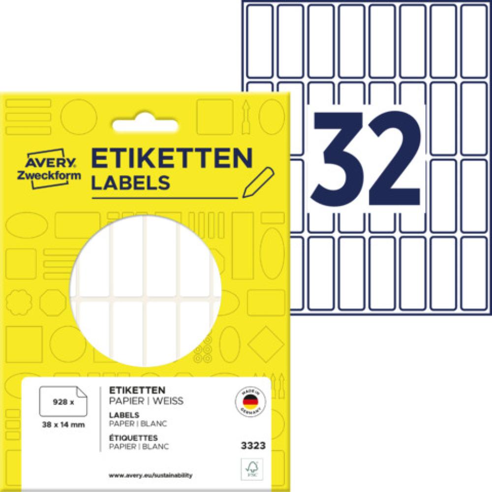 Universal-Etiketten 38x14 mm weiß 928 Etiketten 29 Blatt permanent AVERY ZWECKFORM 3323 (4004182033234)