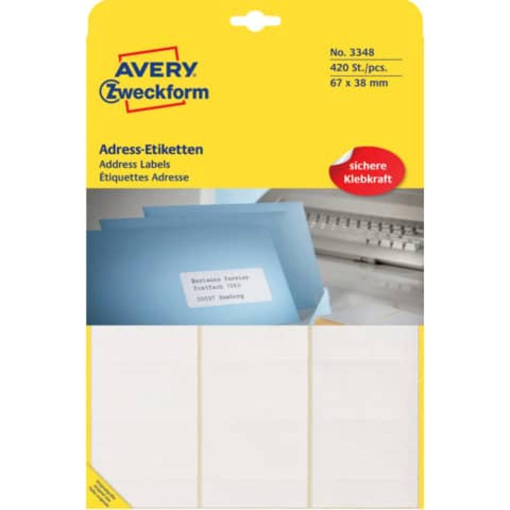 Adress-Etiketten 67x38 mm selbstklebend 420 Stück AVERY ZWECKFORM 3348 (4004182033487)