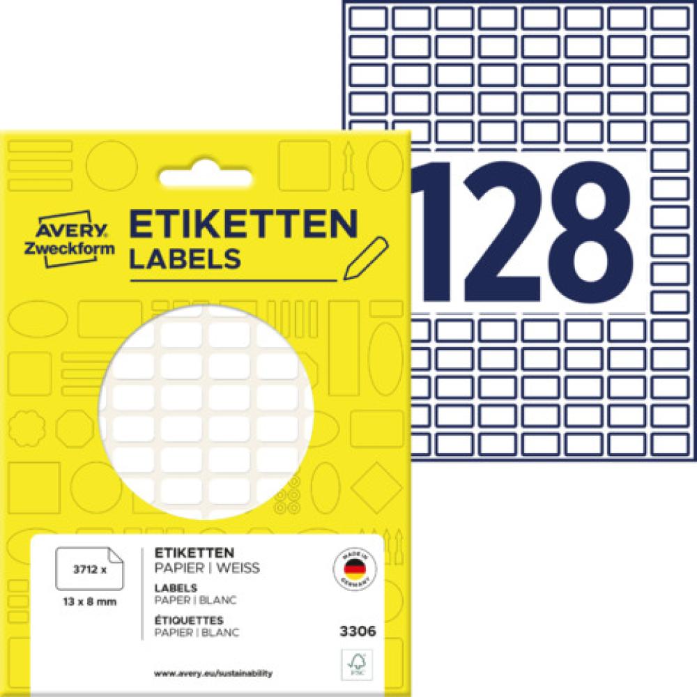 Universal-Etiketten 13x8 mm weiß 3.712 Etiketten 29 Blatt permanent AVERY ZWECKFORM 3306 (4004182033067)