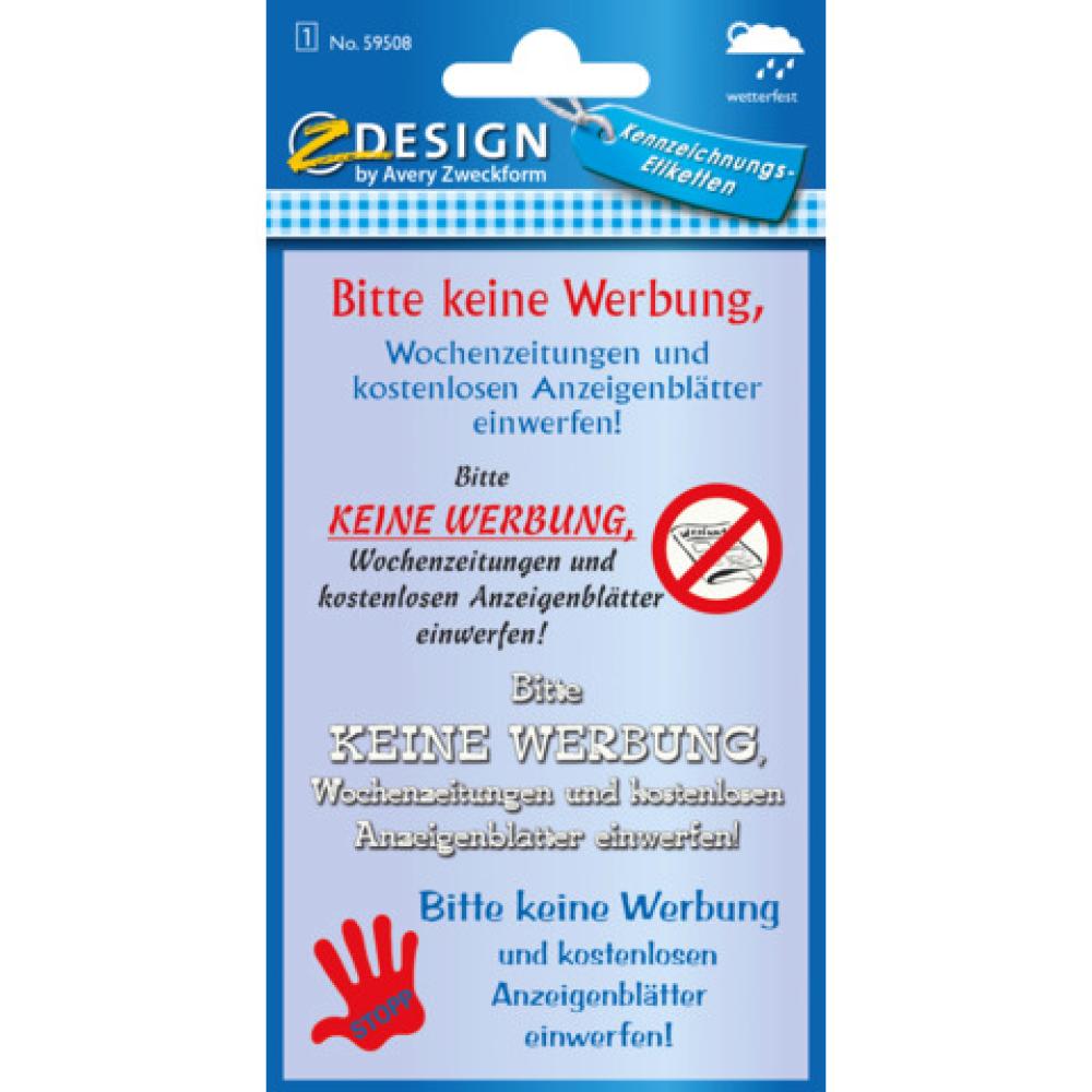 Home Hinweis-Etikett Keine Werbung Kunststoff 1 Bogen 4 Etiketten AVERY ZWECKFORM 59508 (4004182595084)