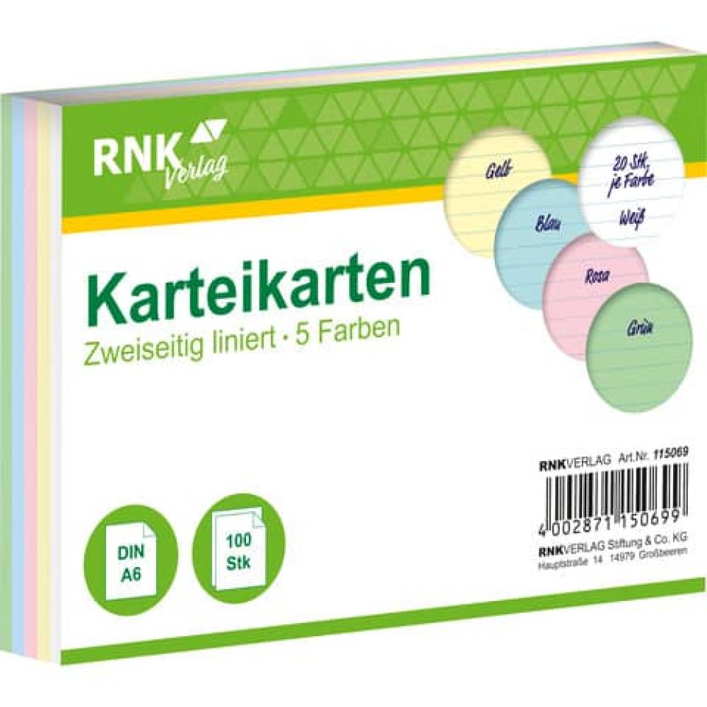 Karteikarten DIN A6, liniert farbig sortiert 100 Karten RNK 115069 (4002871150699)