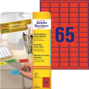 Etiketten 38,1x21,2 mm rot 1.300 Etiketten 20 Blatt wiederablösbar AVERY ZWECKFORM L4790-20 (4004182647905)