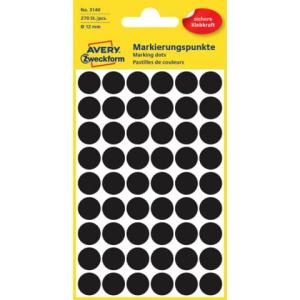 Markierungspunkte  12 mm 5 Blatt 270 Etiketten schwarz AVERY ZWECKFORM 3140 (4004182031407)