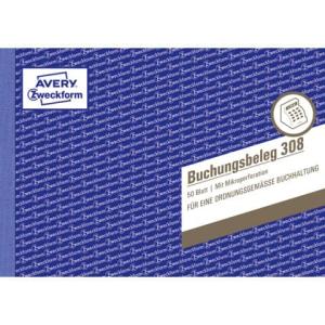 308 Buchungsbeleg DIN A5 quer mikroperforiert 50 Blatt weiß AVERY ZWECKFORM (4004182003084)