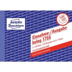 Einnahme- Ausgabebeleg A6 quer SD MP fälschungssicher 2x40 Blatt weiß gelb AVERY ZWECKFORM 1755 (4004182017555)