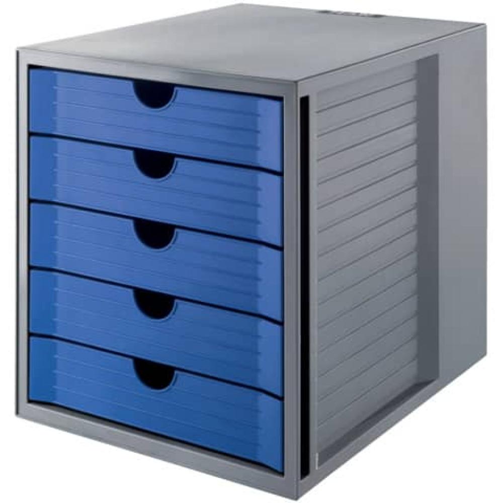 Schubladenbox SYSTEMBOX KARMA A4 C4, 5 geschlossene Schubladen grau-öko-blau HAN 14508-16 (4012473145801)