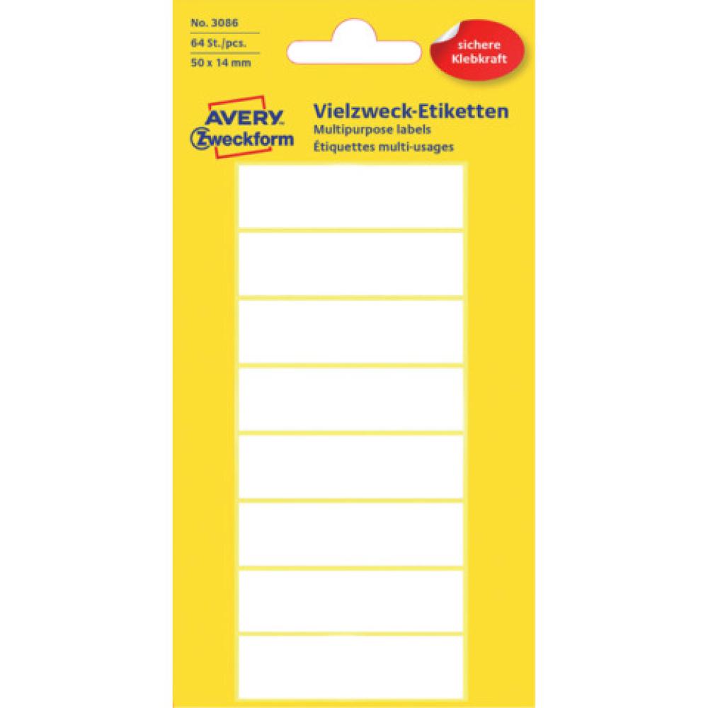 Universal-Etiketten 50x14 mm 8 Blatt 64 Etiketten weiß AVERY ZWECKFORM 3086 (4004182030868)